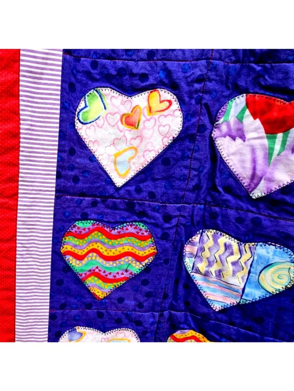 Heart Quilt Handmade Red Purple Cotton Applique 54x50 - Picture 11 of 15